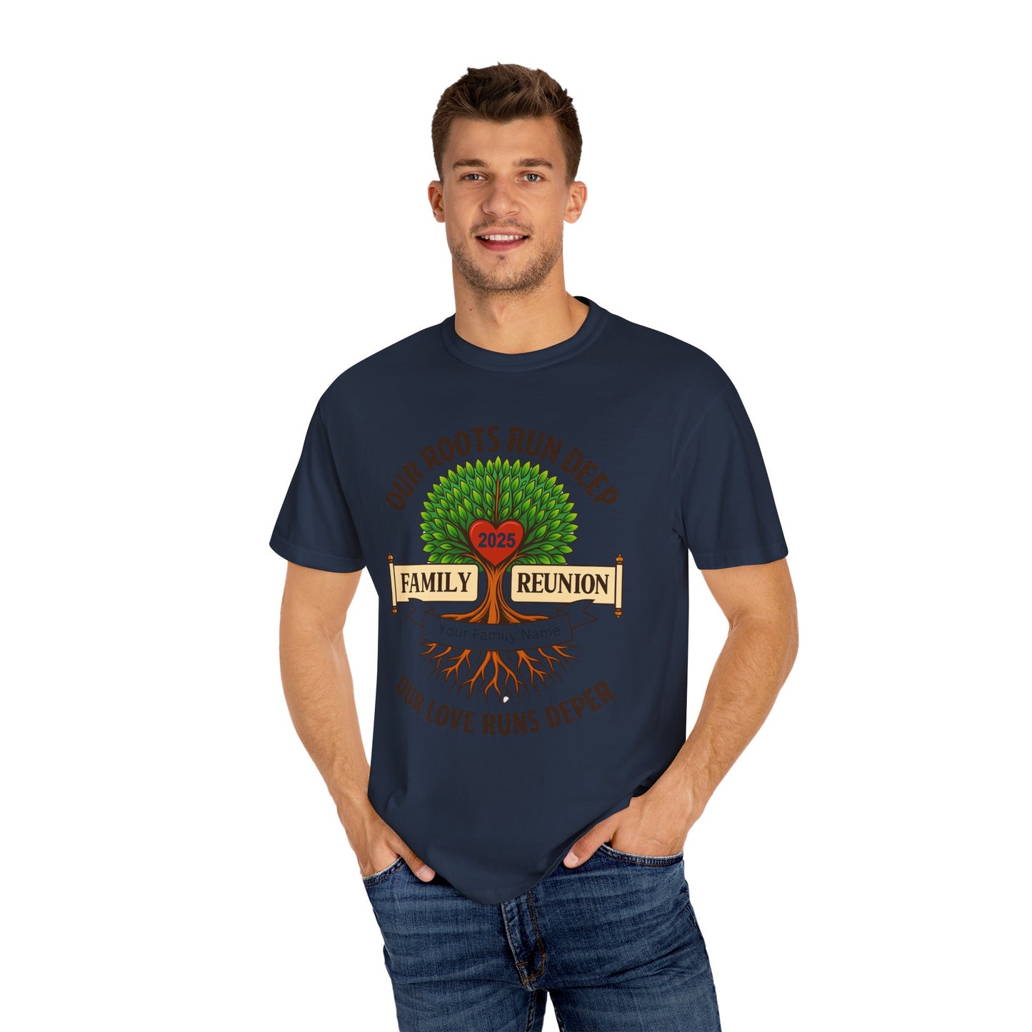 Family Reunion T-Shirt, Unisex Garment-Dyed Tee, Family Heritage Gift, Roots and Love Graphic Shirt, Personalized Gathering Apparel