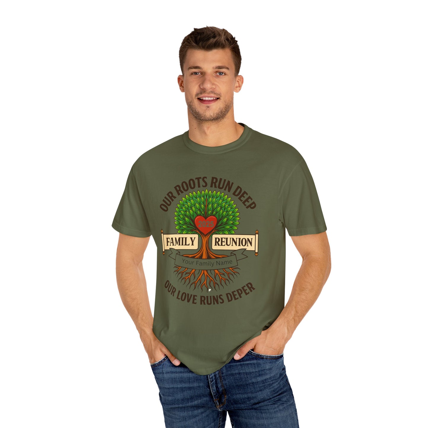 Family Reunion T-Shirt, Unisex Garment-Dyed Tee, Family Heritage Gift, Roots and Love Graphic Shirt, Personalized Gathering Apparel