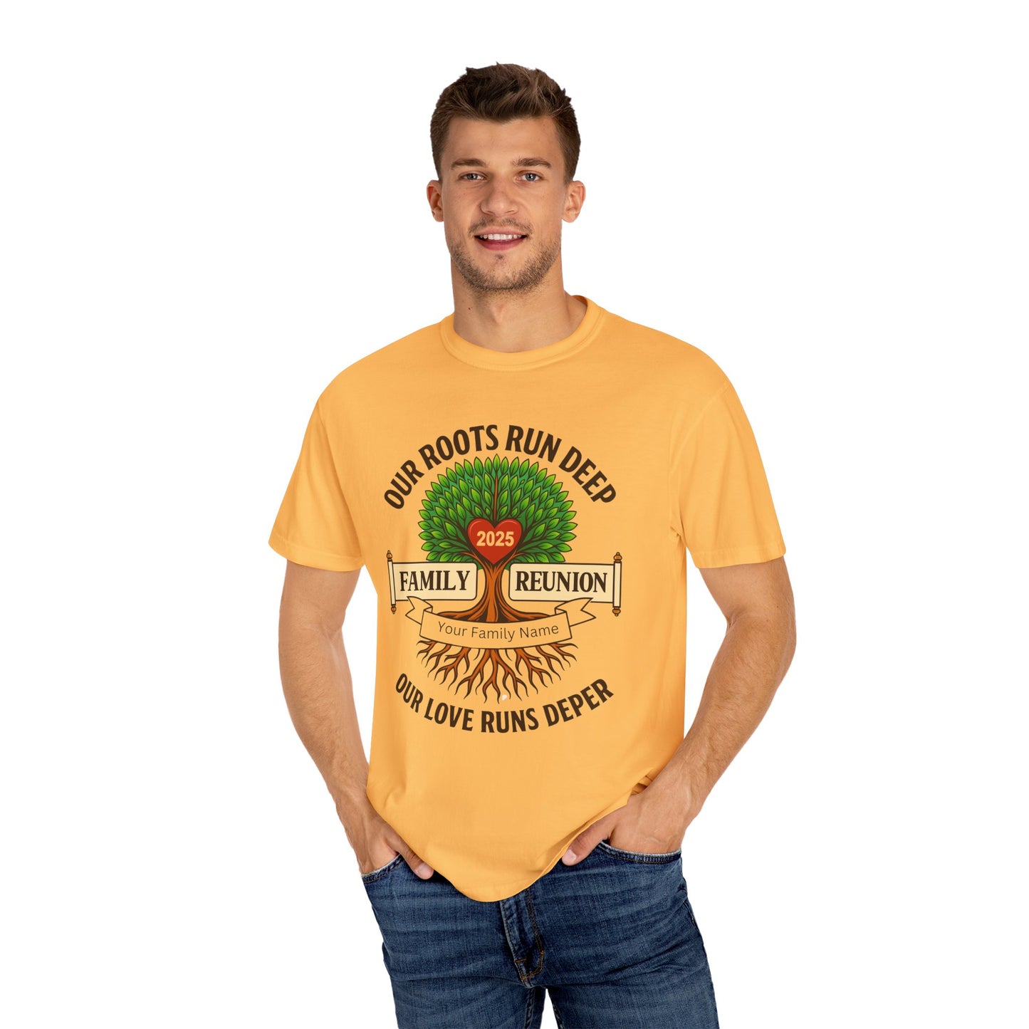 Family Reunion T-Shirt, Unisex Garment-Dyed Tee, Family Heritage Gift, Roots and Love Graphic Shirt, Personalized Gathering Apparel