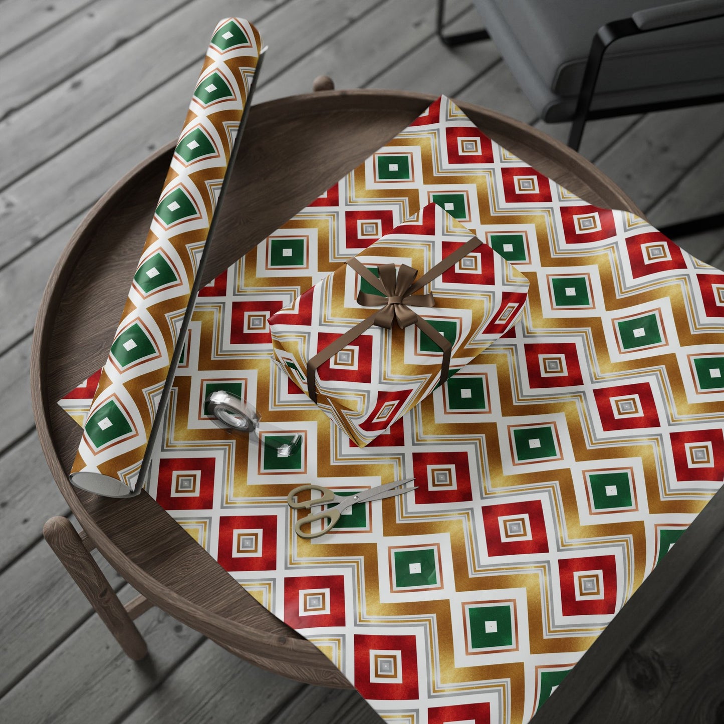 Retro Geometric Holiday Wrapping Paper | Red, Green & Gold Diamond Pattern | Modern Christmas Gift Wrap