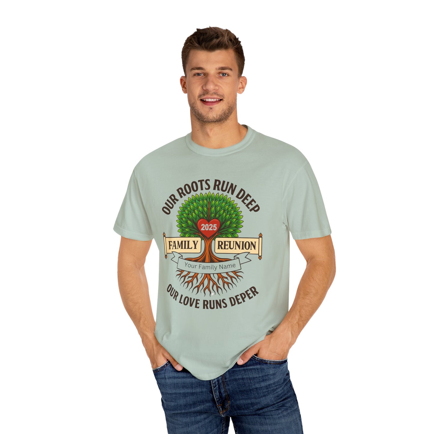 Family Reunion T-Shirt, Unisex Garment-Dyed Tee, Family Heritage Gift, Roots and Love Graphic Shirt, Personalized Gathering Apparel