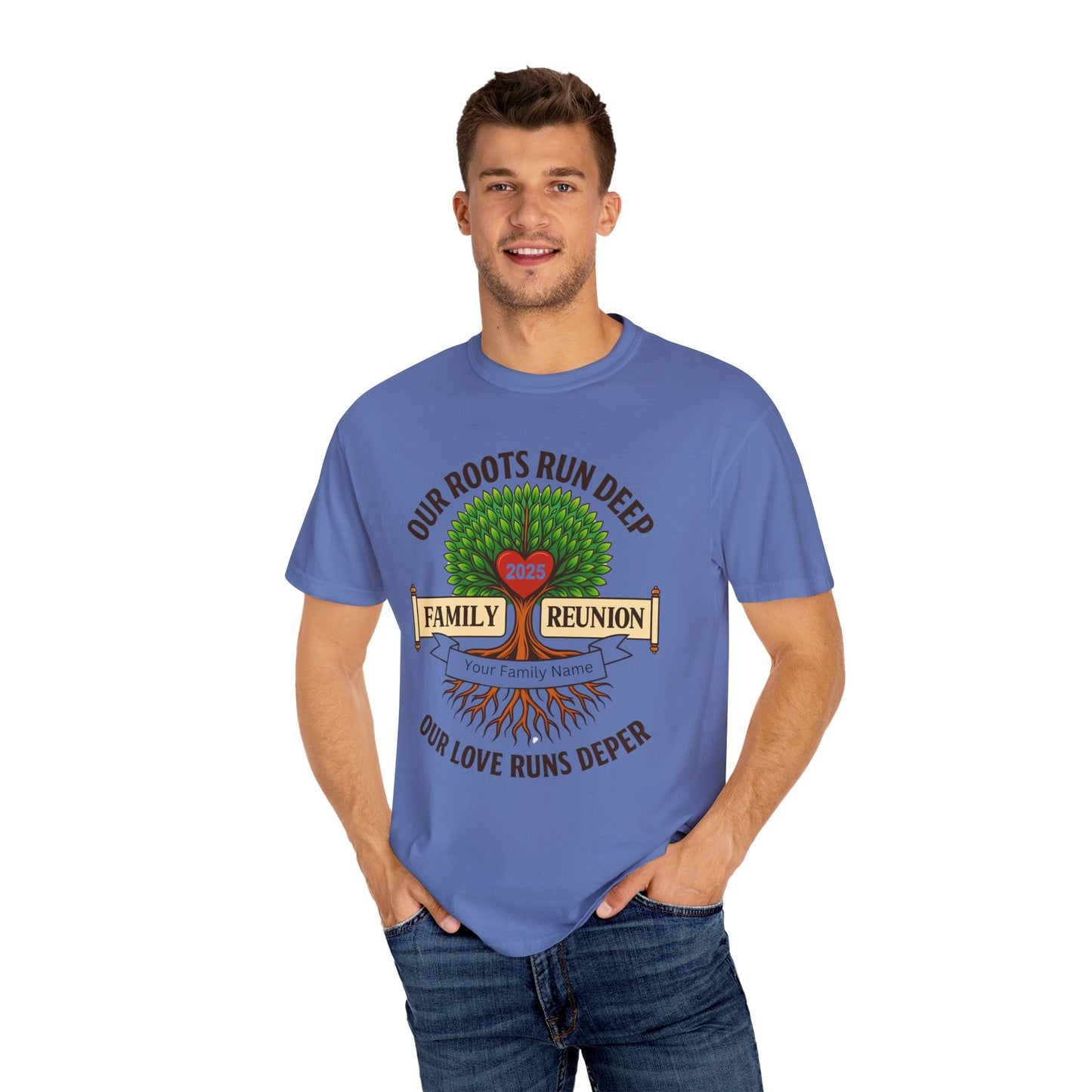 Family Reunion T-Shirt, Unisex Garment-Dyed Tee, Family Heritage Gift, Roots and Love Graphic Shirt, Personalized Gathering Apparel