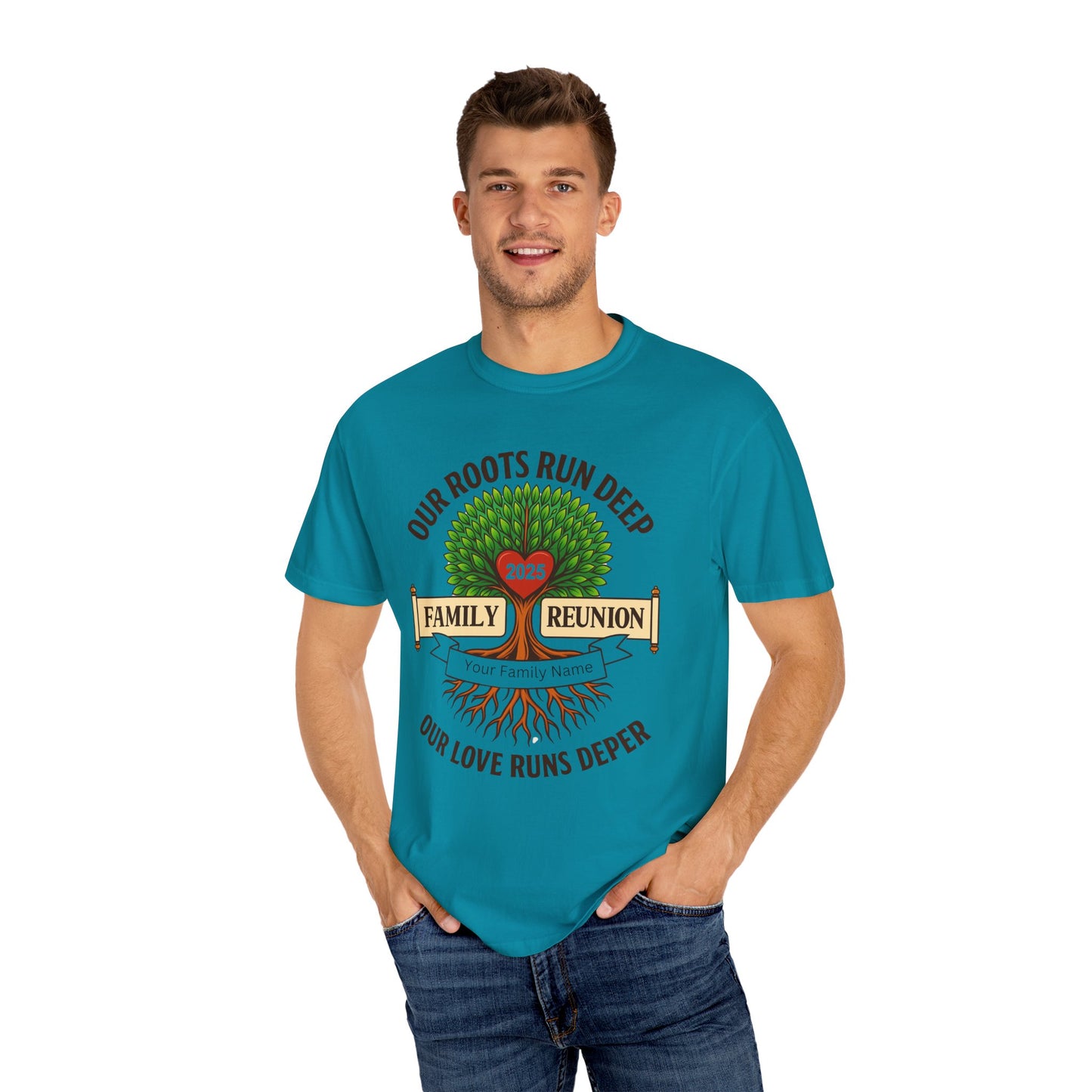 Family Reunion T-Shirt, Unisex Garment-Dyed Tee, Family Heritage Gift, Roots and Love Graphic Shirt, Personalized Gathering Apparel