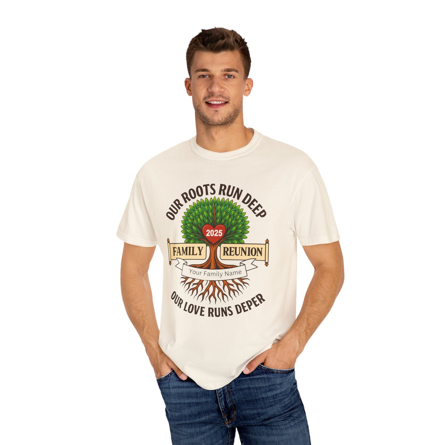 Family Reunion T-Shirt, Unisex Garment-Dyed Tee, Family Heritage Gift, Roots and Love Graphic Shirt, Personalized Gathering Apparel