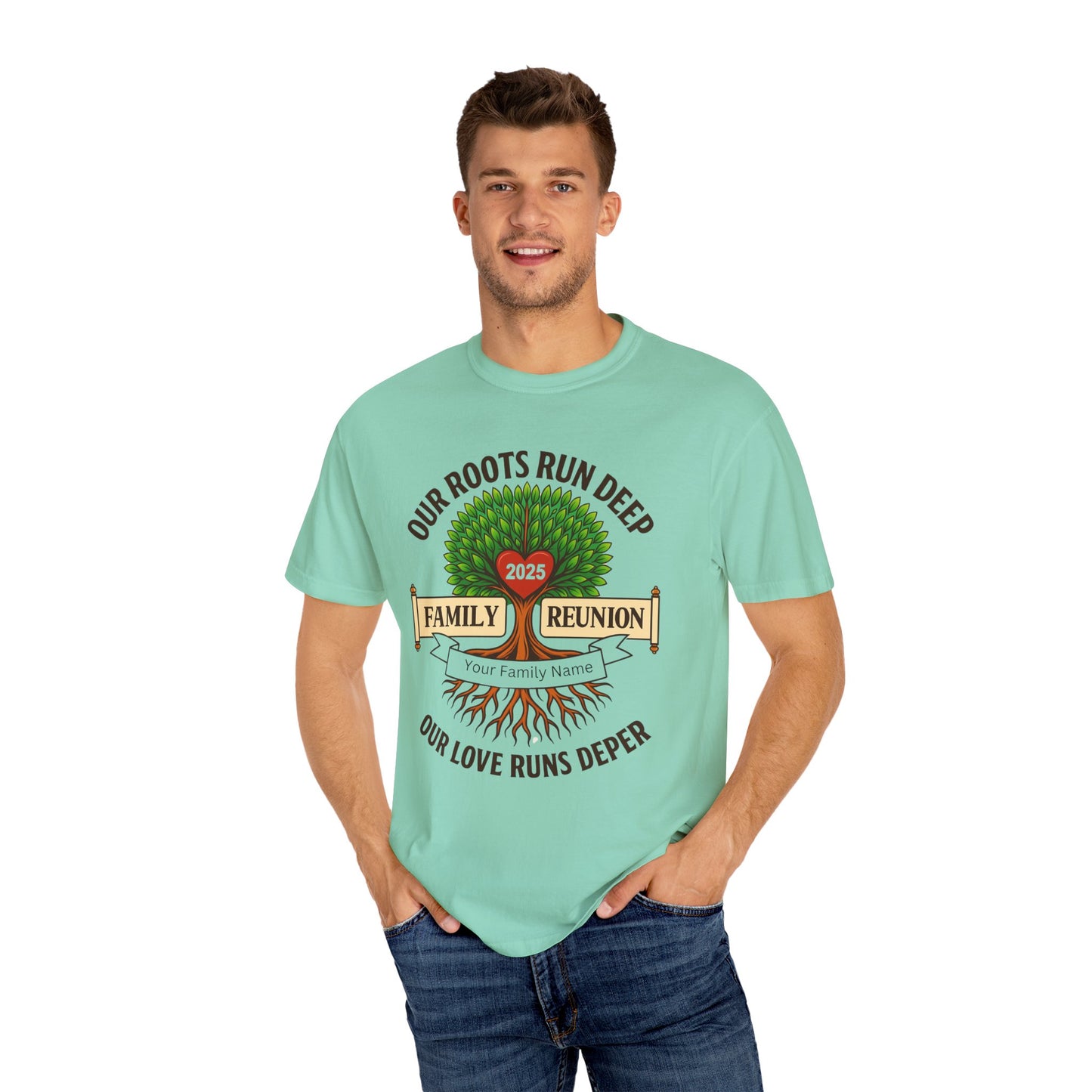 Family Reunion T-Shirt, Unisex Garment-Dyed Tee, Family Heritage Gift, Roots and Love Graphic Shirt, Personalized Gathering Apparel