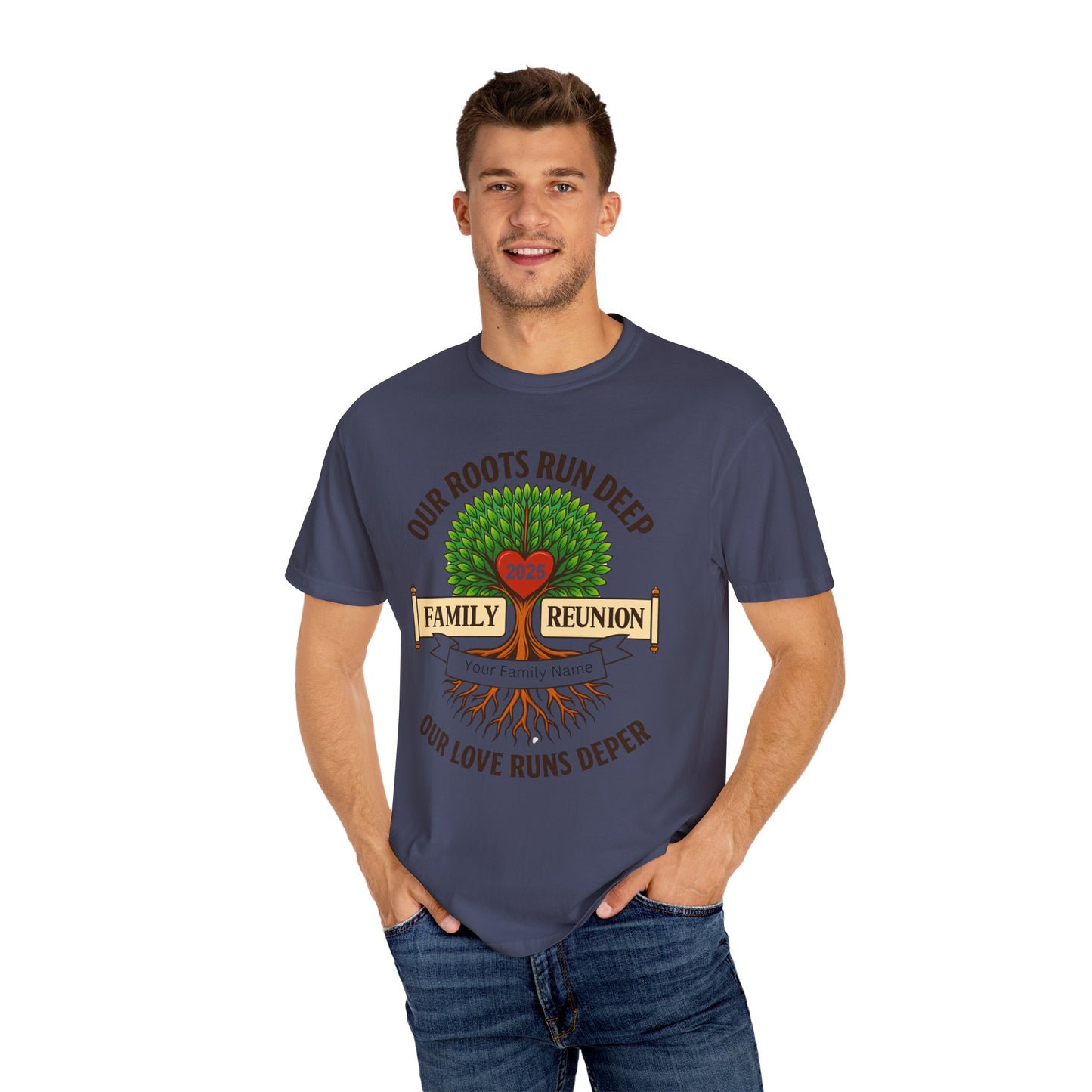 Family Reunion T-Shirt, Unisex Garment-Dyed Tee, Family Heritage Gift, Roots and Love Graphic Shirt, Personalized Gathering Apparel