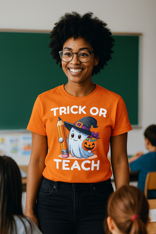 Halloween Teacher T-Shirt, Trick or Teach Shirt, Unisex Halloween Apparel, Cute Ghost Tee, Fall Classroom Outfit