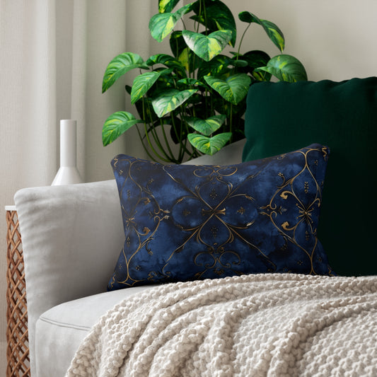 Luxurious Blue & Gold Lumbar Pillow, Elegant Home Decor, Cozy Living Room Accessory, Bohemian Accent, Gift for Housewarming