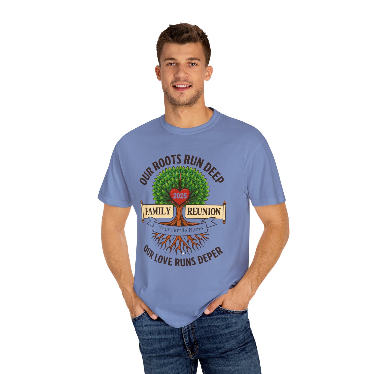 Family Reunion T-Shirt, Unisex Garment-Dyed Tee, Family Heritage Gift, Roots and Love Graphic Shirt, Personalized Gathering Apparel
