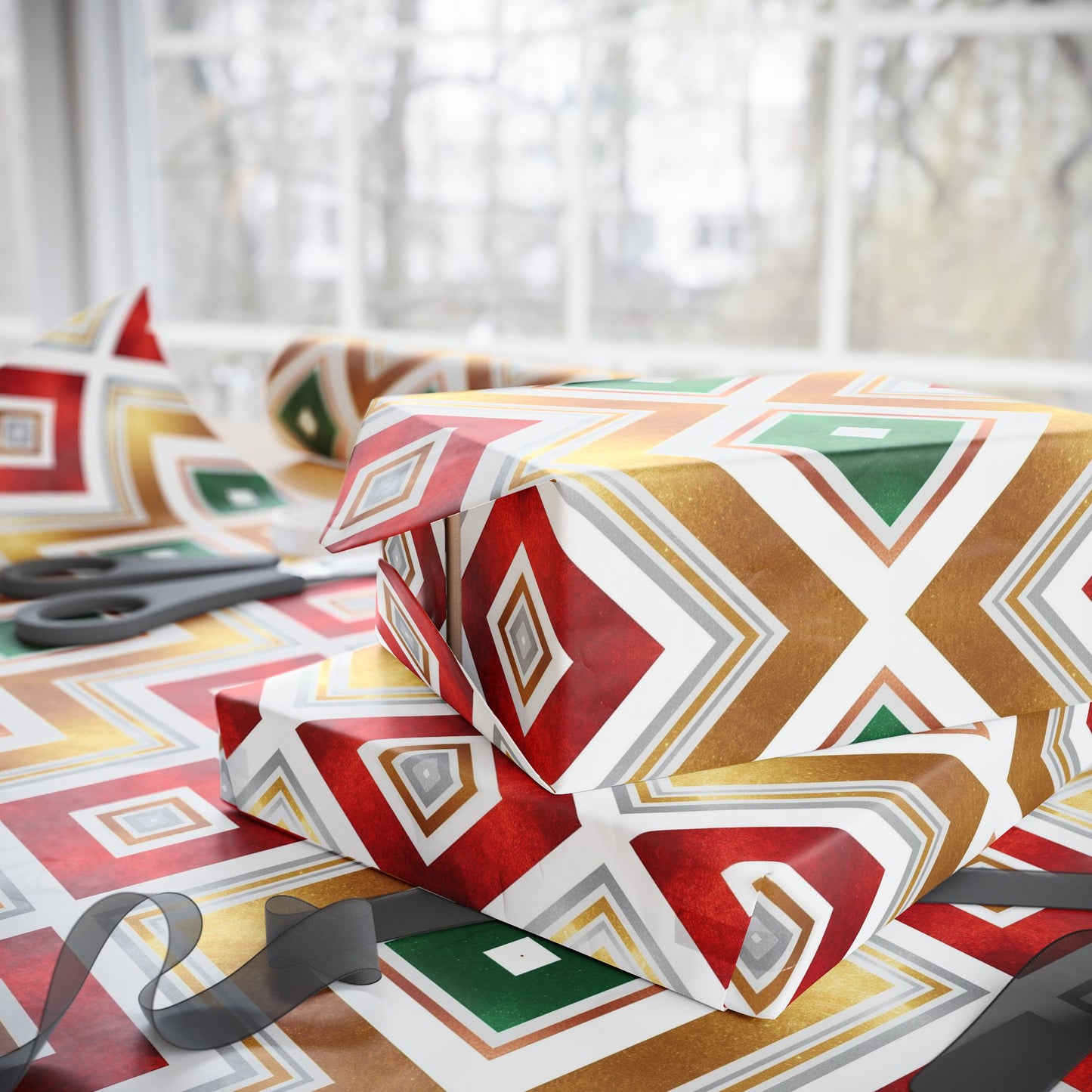 Retro Geometric Holiday Wrapping Paper | Red, Green & Gold Diamond Pattern | Modern Christmas Gift Wrap