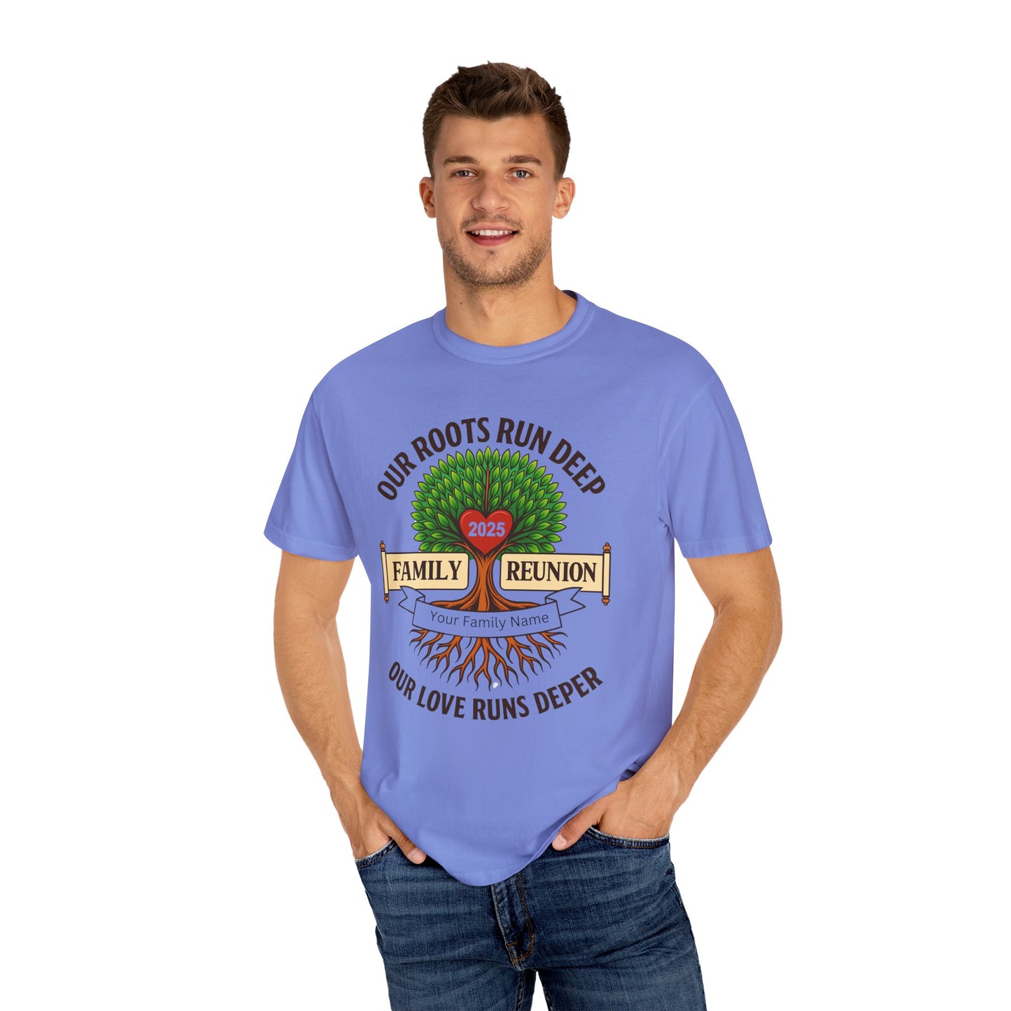 Family Reunion T-Shirt, Unisex Garment-Dyed Tee, Family Heritage Gift, Roots and Love Graphic Shirt, Personalized Gathering Apparel