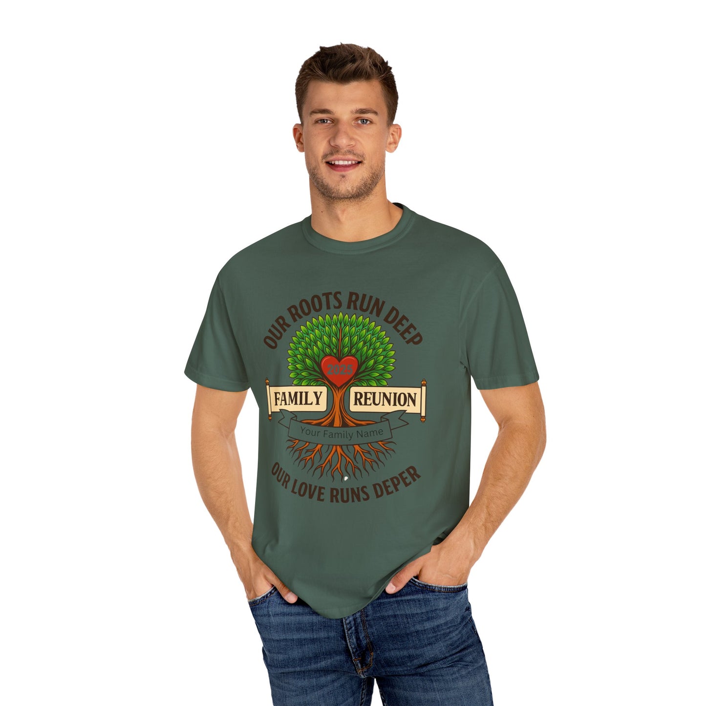 Family Reunion T-Shirt, Unisex Garment-Dyed Tee, Family Heritage Gift, Roots and Love Graphic Shirt, Personalized Gathering Apparel