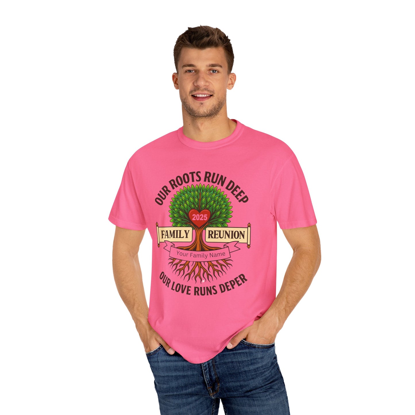 Family Reunion T-Shirt, Unisex Garment-Dyed Tee, Family Heritage Gift, Roots and Love Graphic Shirt, Personalized Gathering Apparel