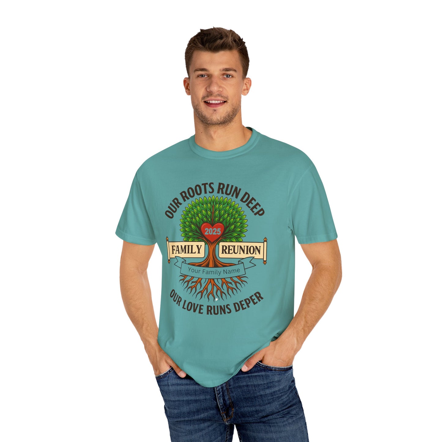 Family Reunion T-Shirt, Unisex Garment-Dyed Tee, Family Heritage Gift, Roots and Love Graphic Shirt, Personalized Gathering Apparel