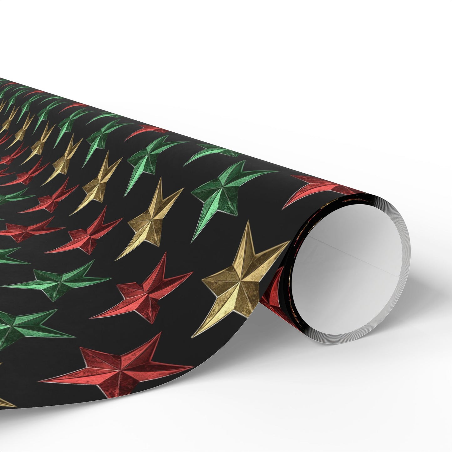 Metallic Star Holiday Wrapping Paper | Red, Green & Gold Stars on Black | Festive Christmas Gift Wrap