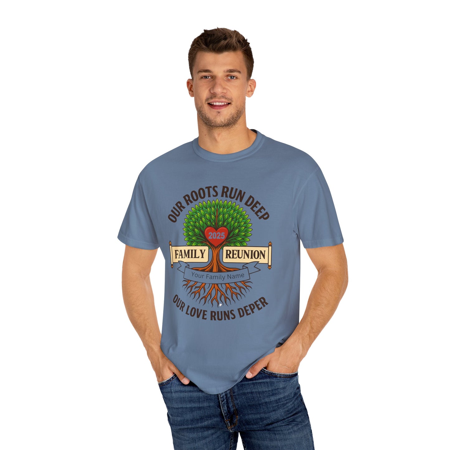Family Reunion T-Shirt, Unisex Garment-Dyed Tee, Family Heritage Gift, Roots and Love Graphic Shirt, Personalized Gathering Apparel