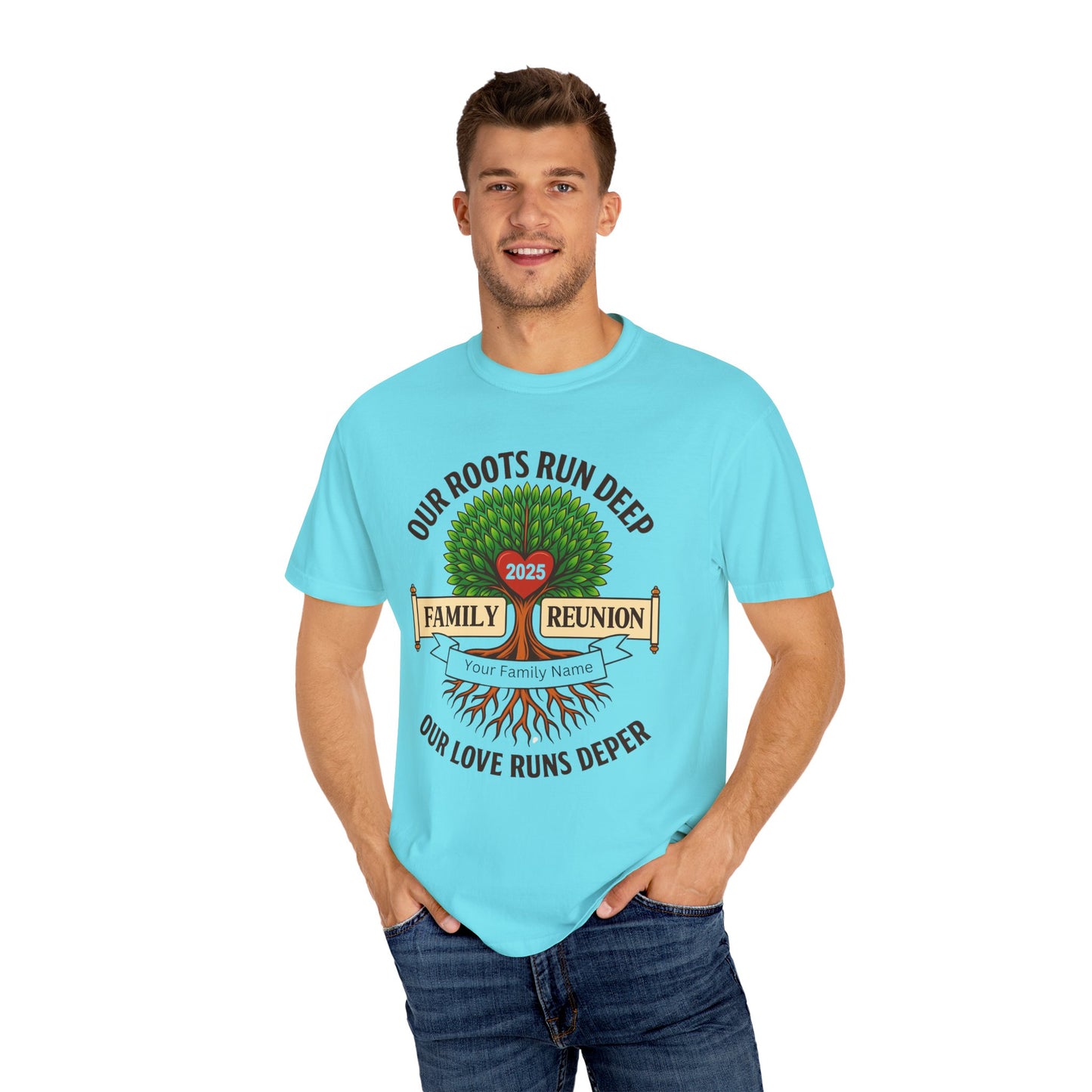 Family Reunion T-Shirt, Unisex Garment-Dyed Tee, Family Heritage Gift, Roots and Love Graphic Shirt, Personalized Gathering Apparel