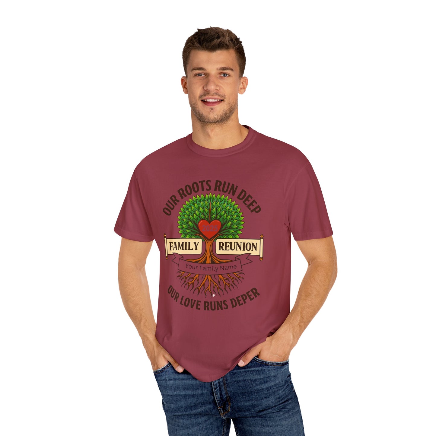 Family Reunion T-Shirt, Unisex Garment-Dyed Tee, Family Heritage Gift, Roots and Love Graphic Shirt, Personalized Gathering Apparel