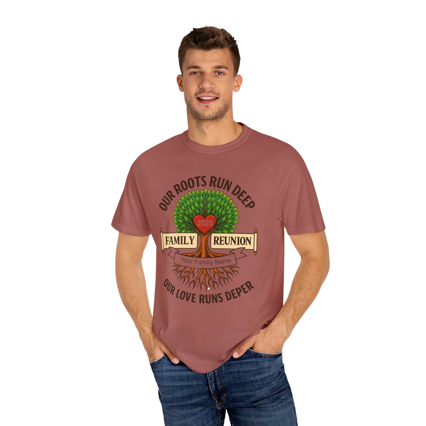Family Reunion T-Shirt, Unisex Garment-Dyed Tee, Family Heritage Gift, Roots and Love Graphic Shirt, Personalized Gathering Apparel