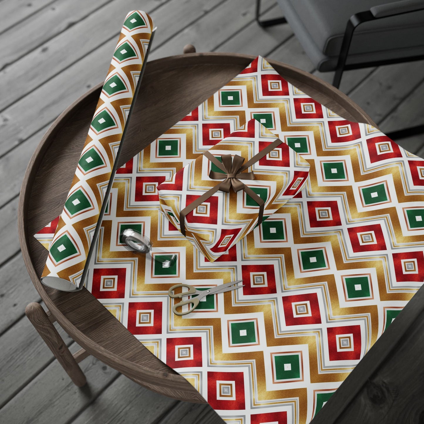 Retro Geometric Holiday Wrapping Paper | Red, Green & Gold Diamond Pattern | Modern Christmas Gift Wrap