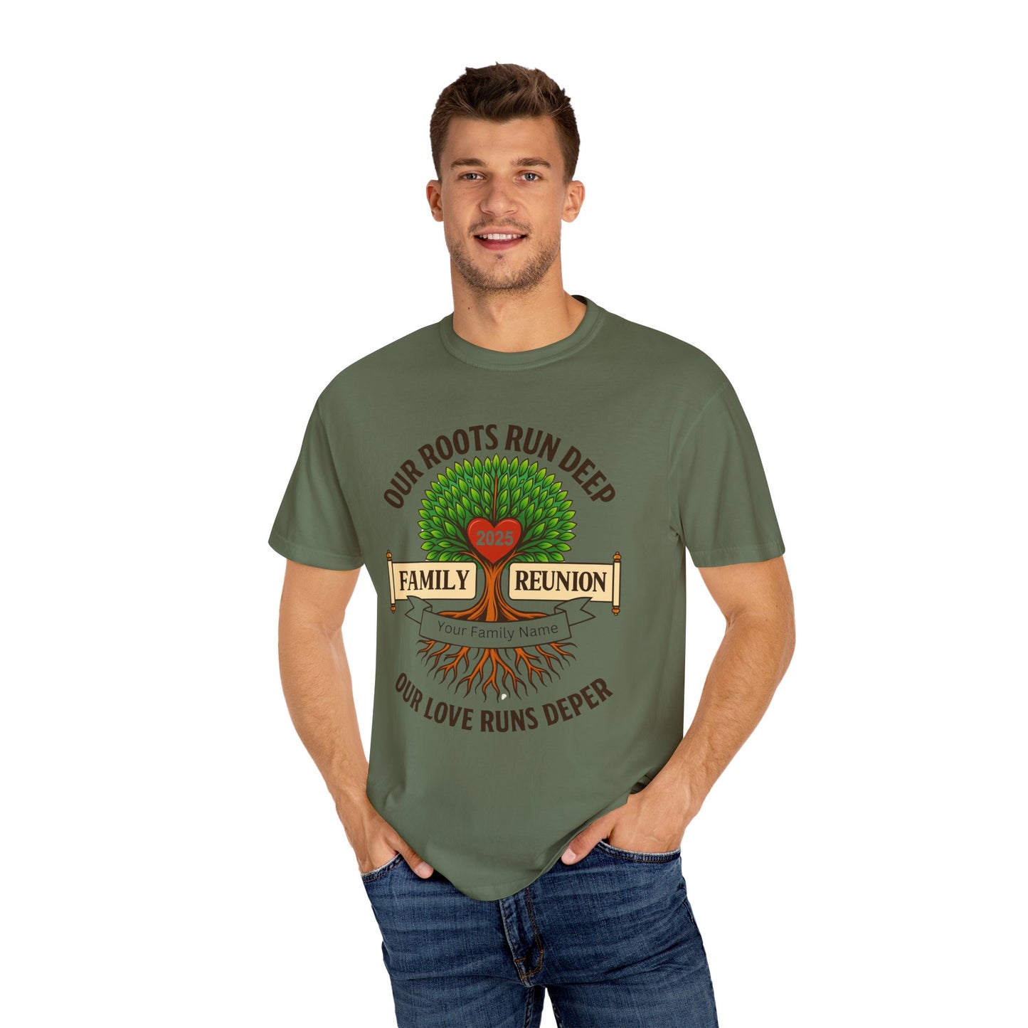 Family Reunion T-Shirt, Unisex Garment-Dyed Tee, Family Heritage Gift, Roots and Love Graphic Shirt, Personalized Gathering Apparel