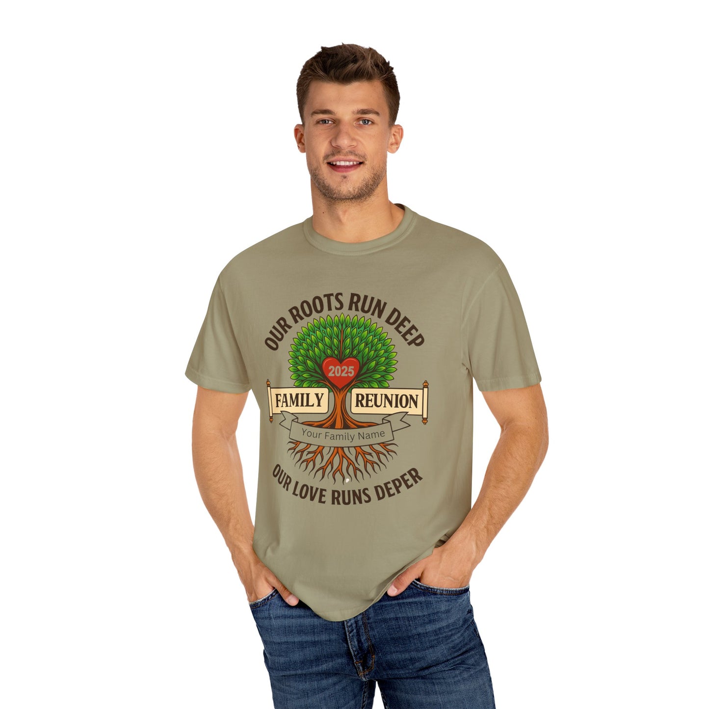 Family Reunion T-Shirt, Unisex Garment-Dyed Tee, Family Heritage Gift, Roots and Love Graphic Shirt, Personalized Gathering Apparel