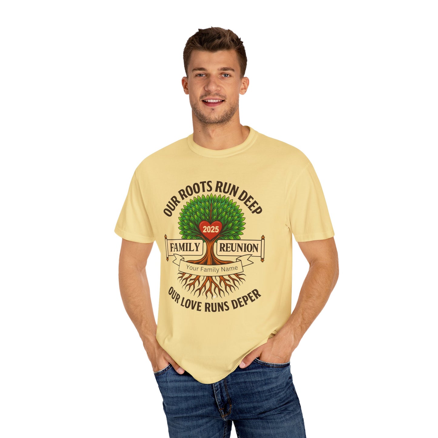 Family Reunion T-Shirt, Unisex Garment-Dyed Tee, Family Heritage Gift, Roots and Love Graphic Shirt, Personalized Gathering Apparel