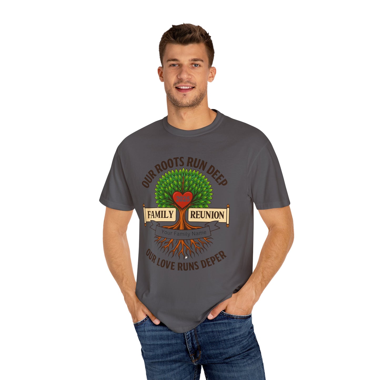 Family Reunion T-Shirt, Unisex Garment-Dyed Tee, Family Heritage Gift, Roots and Love Graphic Shirt, Personalized Gathering Apparel