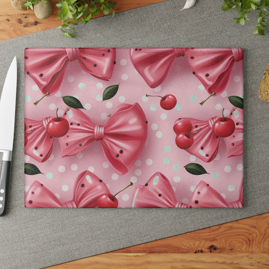 Charming Cherry & Bow Glass Cutting Board - Perfect for Weddings, Birthdays & Home Decor