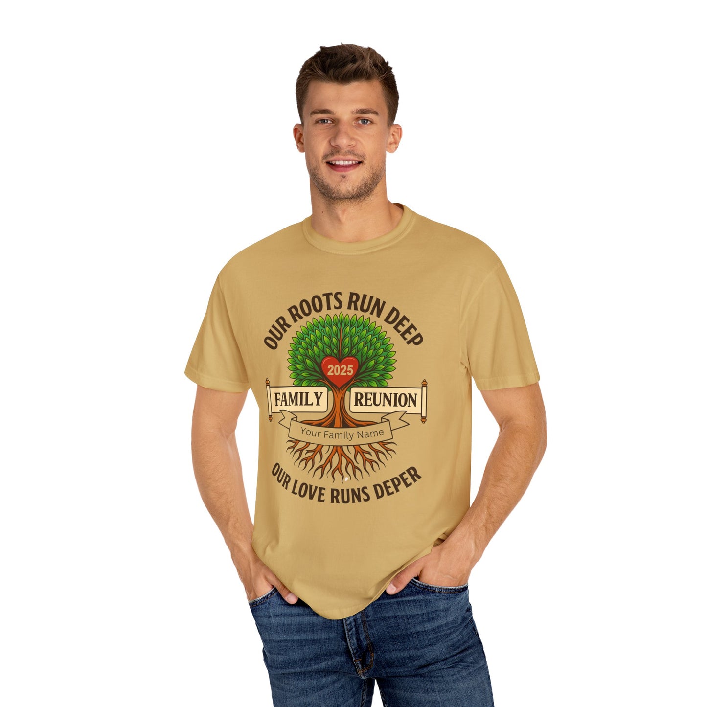 Family Reunion T-Shirt, Unisex Garment-Dyed Tee, Family Heritage Gift, Roots and Love Graphic Shirt, Personalized Gathering Apparel