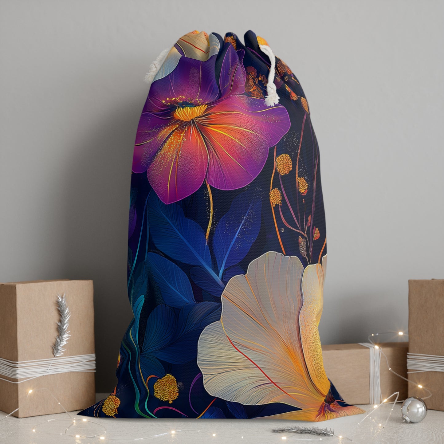 Floral Drawstring Sack, Boho Bag, Flower Print Tote, Gift Bag, Eco-Friendly Storage, Summer Vibes