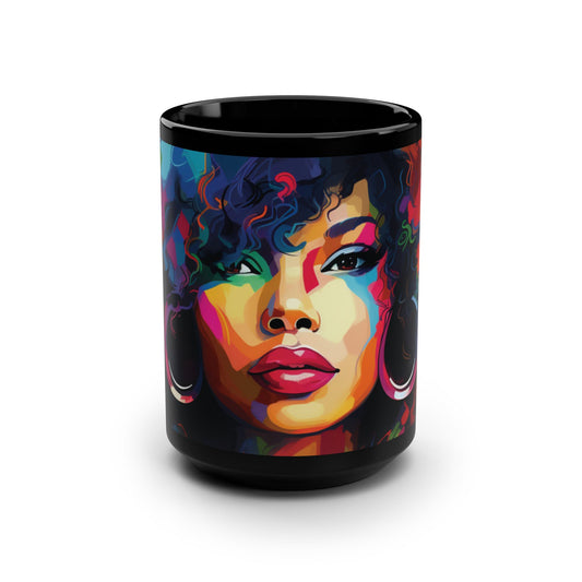 Vibrant Afrocentric 15oz Black Mug - Colorful Portrait Design