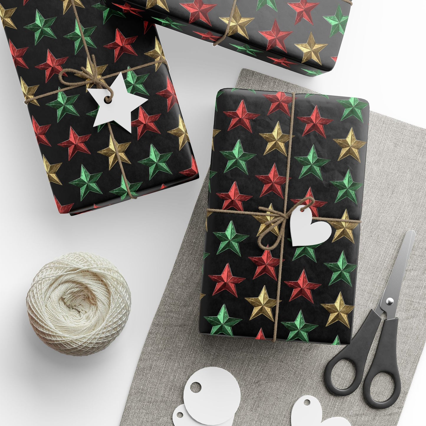 Metallic Star Holiday Wrapping Paper | Red, Green & Gold Stars on Black | Festive Christmas Gift Wrap