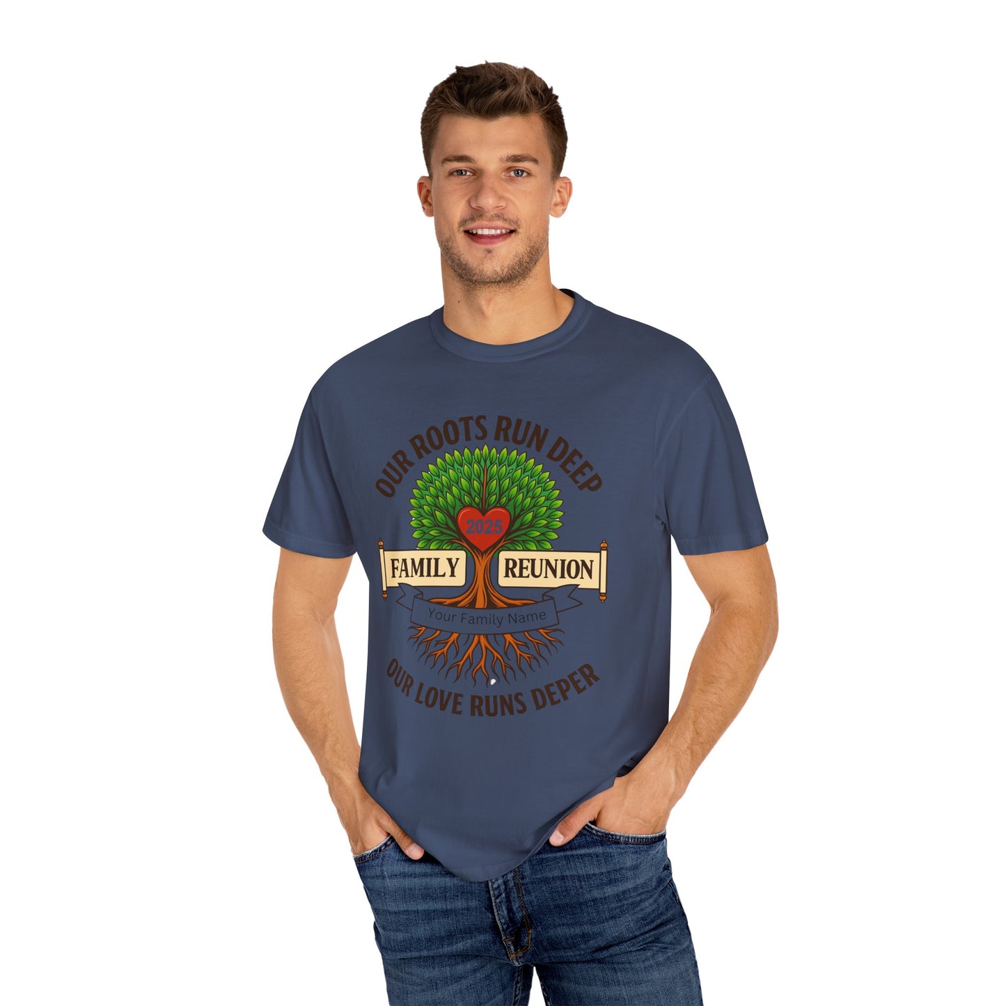 Family Reunion T-Shirt, Unisex Garment-Dyed Tee, Family Heritage Gift, Roots and Love Graphic Shirt, Personalized Gathering Apparel
