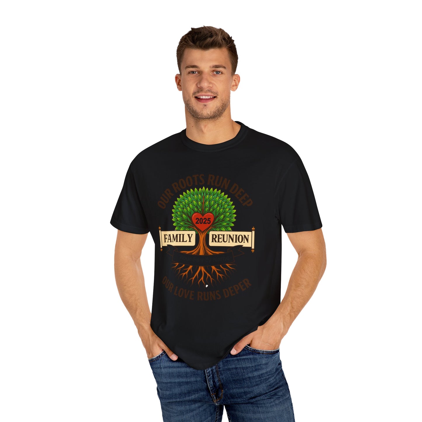 Family Reunion T-Shirt, Unisex Garment-Dyed Tee, Family Heritage Gift, Roots and Love Graphic Shirt, Personalized Gathering Apparel