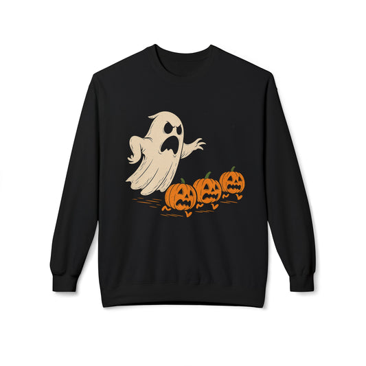 Halloween Ghost Sweatshirt, Cozy Fleece Crewneck, Unisex Fall Apparel, Pumpkin Patch Party, Spooky Season Gift