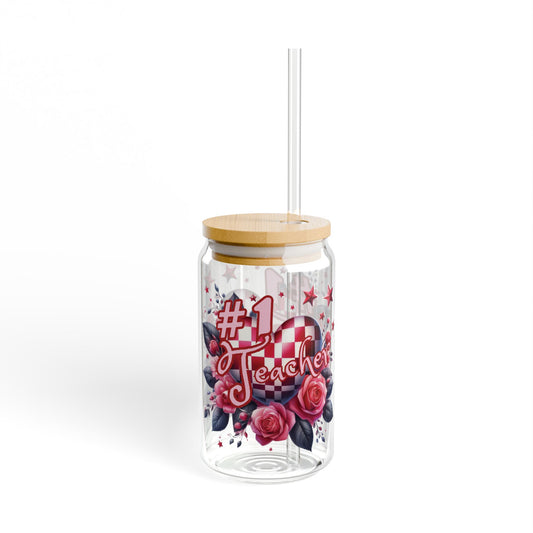 #1 Teacher Sipper Glass - 16oz Floral Drinkware Gift